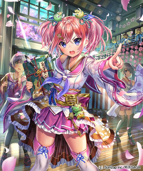 Anime picture 833x1000 with sengoku saga esphy tall image looking at viewer blush fringe short hair open mouth blue eyes hair between eyes brown hair standing twintails multiple girls holding brown eyes payot pink hair indoors pleated skirt