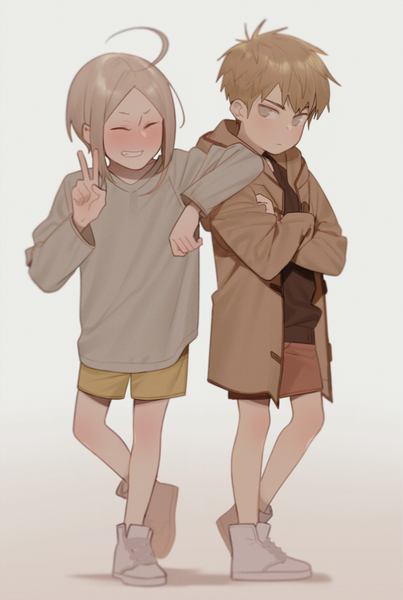 Anime picture 870x1294 with 19 days jian yi zhan zheng xi e7 (runaway162) tall image looking at viewer blush fringe short hair simple background blonde hair smile brown hair standing white background full body ahoge bent knee (knees) eyes closed multiple boys