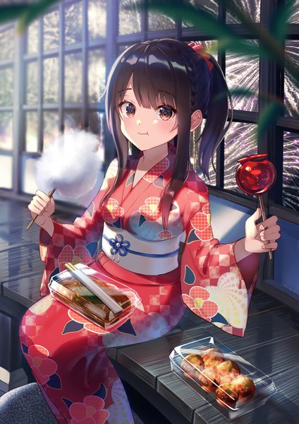Anime-Bild 1536x2173 mit original usaris single long hair tall image looking at viewer blush fringe black hair sitting holding brown eyes payot full body ponytail indoors braid (braids) traditional clothes japanese clothes blurry