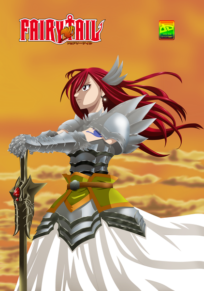 Anime picture 1500x2133 with fairy tail erza scarlet sal-88 single long hair tall image fringe red eyes sky cloud (clouds) red hair hair over one eye inscription tattoo coloring girl weapon earrings sword armor