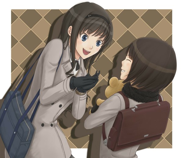 Anime picture 1140x987 with amagami morishima haruka tachibana miya akitotika (artist) long hair short hair open mouth blue eyes black hair smile multiple girls girl gloves 2 girls hairband scarf school bag coat