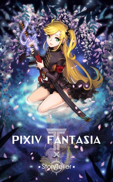 Anime picture 750x1209 with original pixiv fantasia pixiv fantasia t yukiusagi1983 single long hair tall image looking at viewer fringe blonde hair sitting holding green eyes ahoge from above one side up symbol-shaped pupils reflection unsheathing glowing weapon