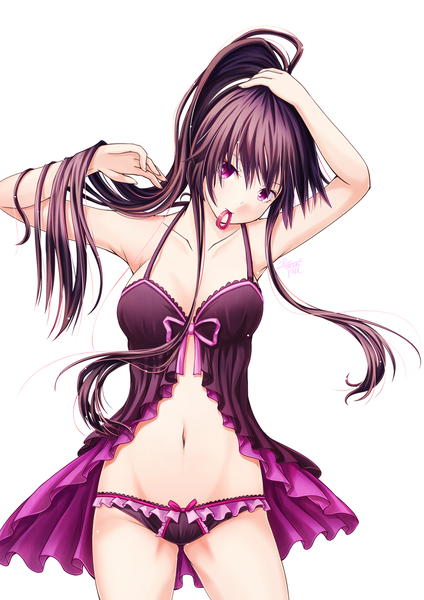 Anime picture 1024x1448 with kantai collection yahagi light cruiser ayatsuri-doll single long hair tall image looking at viewer blush light erotic simple background white background purple eyes holding signed cleavage purple hair ponytail head tilt arms up armpit (armpits)