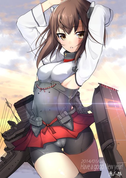 Anime picture 863x1222 with kantai collection taihou armored aircraft carrier matarou (genkai toppa) single long hair tall image looking at viewer blush light erotic brown hair signed yellow eyes arms up cameltoe new year happy new year girl skirt miniskirt armor
