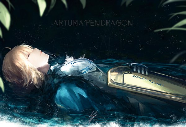 Anime picture 1935x1326 with fate (series) fate/stay night artoria pendragon (all) saber marumoru single fringe highres short hair blonde hair hair between eyes signed ahoge lying eyes closed profile sunlight on back character names partially submerged