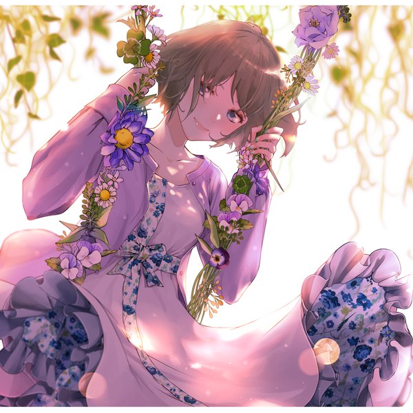 Anime picture 2894x2894 with original macaronk single looking at viewer fringe highres short hair blue eyes smile brown hair white background sitting outdoors long sleeves nail polish head tilt wind lens flare floral print sleeves past wrists