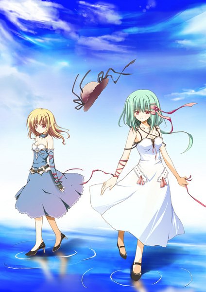 Anime picture 706x1000 with mushiuta anmoto shiika annelize mitake long hair tall image blonde hair bare shoulders multiple girls sky pink eyes green hair wind girl dress ribbon (ribbons) 2 girls hair ribbon hat sundress