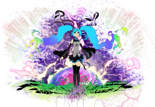 Anime picture 1400x969 with vocaloid hatsune miku maxgonta (artist) long hair twintails aqua eyes aqua hair girl skirt detached sleeves miniskirt necktie thigh boots lovecraft