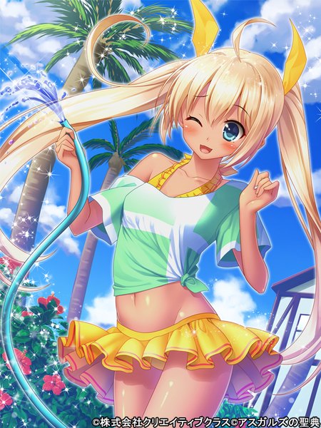 Anime picture 600x800 with asgard no seiten pochadon single tall image looking at viewer blush open mouth blue eyes light erotic blonde hair very long hair one eye closed wink girl skirt navel flower (flowers) plant (plants) miniskirt tree (trees)