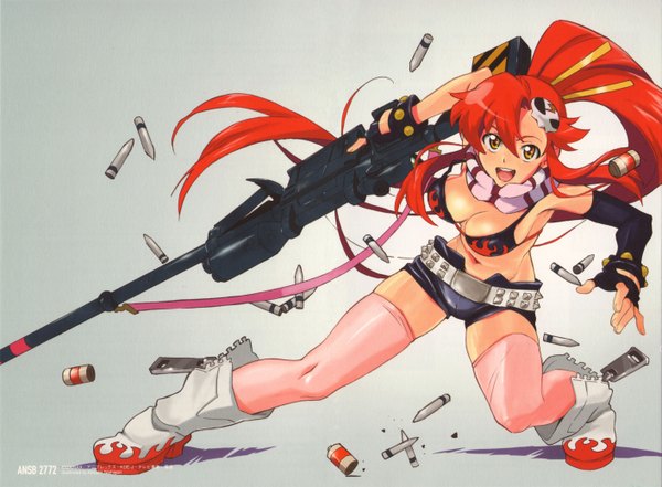 Anime picture 5642x4149 with tengen toppa gurren lagann gainax yoko littner nishigori atsushi single long hair looking at viewer blush highres breasts open mouth light erotic smile large breasts yellow eyes absurdres ponytail red hair girl thighhighs