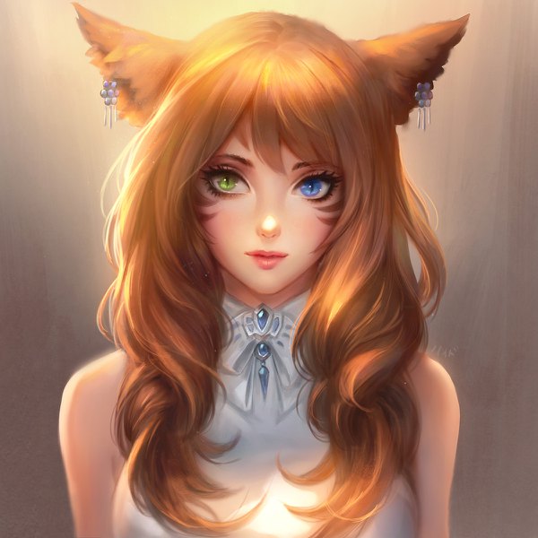 Anime picture 1200x1200 with final fantasy final fantasy xiv square enix miqo'te chaosringen single long hair looking at viewer blush fringe blue eyes hair between eyes brown hair green eyes animal ears upper body lips cat ears realistic sleeveless