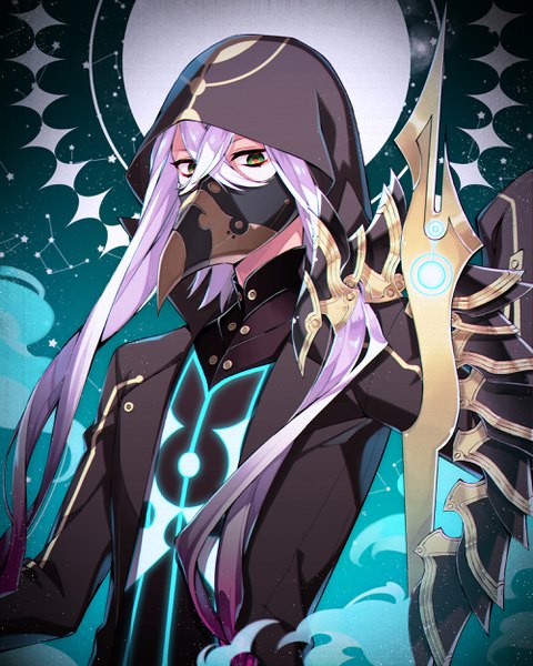 Anime picture 2000x2500 with fate (series) fate/grand order asclepius (fate/grand order) shimi to ufu single long hair tall image looking at viewer fringe highres hair between eyes green eyes silver hair upper body constellation boy star (symbol) hood star (stars) mask