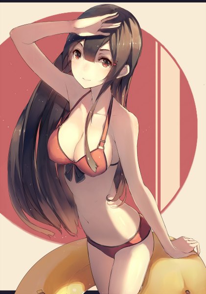 Anime-Bild 843x1200 mit original hadean92 single long hair tall image looking at viewer blush fringe breasts light erotic red eyes brown hair bare shoulders holding cleavage bare belly midriff letterboxed girl navel