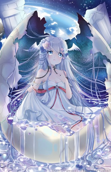 Anime picture 1183x1828 with original ayasal single tall image blush fringe open mouth blue eyes sitting signed cleavage silver hair very long hair night :o night sky partially submerged watermark hand on chest head wings