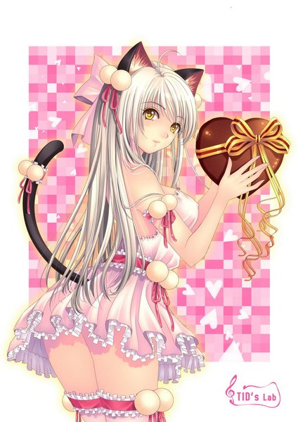 Anime picture 706x1000 with original tidsean single long hair tall image blush light erotic animal ears yellow eyes white hair tail animal tail cat ears cat girl cat tail valentine girl thighhighs dress hair ornament