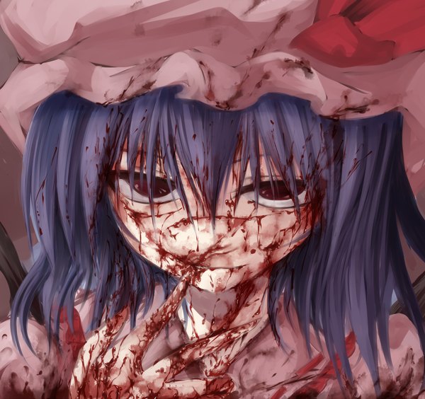 Anime picture 1116x1050 with touhou remilia scarlet shimo (depthbomb) single looking at viewer short hair smile red eyes blue hair finger to mouth vampire injury bleeding cuts guro creepy girl hat blood