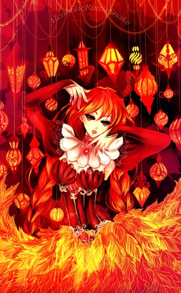 Anime picture 1535x2480 with original alcoholicrattlesnake single long hair tall image red eyes braid (braids) very long hair horn (horns) lips orange hair arms up twin braids hand on head hand on cheek girl dress leaf (leaves) chain red dress