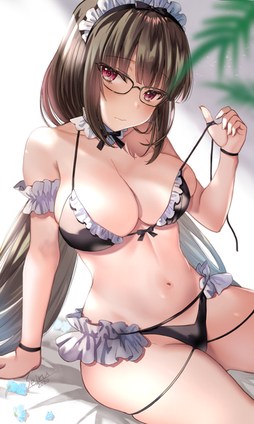 Anime picture 1200x2000 with fate (series) fate/grand order osakabe-hime (fate/grand order) hijiri ruka single tall image looking at viewer blush fringe breasts light erotic red eyes large breasts signed payot blunt bangs very long hair head tilt arm up blurry