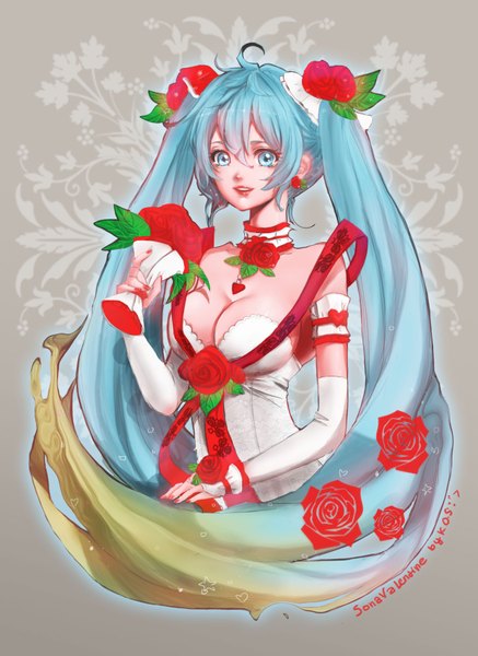 Anime picture 1300x1783 with league of legends sona buvelle songjikyo single tall image breasts blue eyes twintails signed blue hair very long hair multicolored hair lips character names gradient hair girl dress flower (flowers) earrings bouquet
