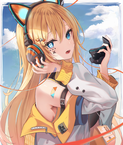 Anime picture 3984x4708 with original sira (user dswn7488) single long hair tall image looking at viewer fringe highres open mouth blonde hair hair between eyes holding absurdres sky cloud (clouds) upper body long sleeves off shoulder facial mark symbol-shaped pupils