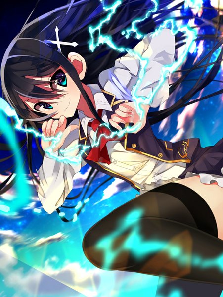 Anime picture 728x969 with original nekoboshi sakko single long hair tall image looking at viewer blue eyes black hair smile sky cloud (clouds) bent knee (knees) electricity girl thighhighs black thighhighs vest