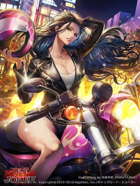 Anime picture 1000x1333 with joker ~gang road~ tajima yukie single long hair tall image looking at viewer breasts light erotic black hair large breasts sitting holding brown eyes signed cleavage outdoors parted lips head tilt light smile wind