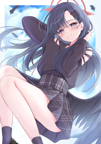Anime picture 2872x4071 with blue archive ichika (blue archive) tarakopng single long hair tall image looking at viewer blush highres blue eyes light erotic black hair smile bare shoulders pleated skirt alternate costume border plaid skirt black wings outside border