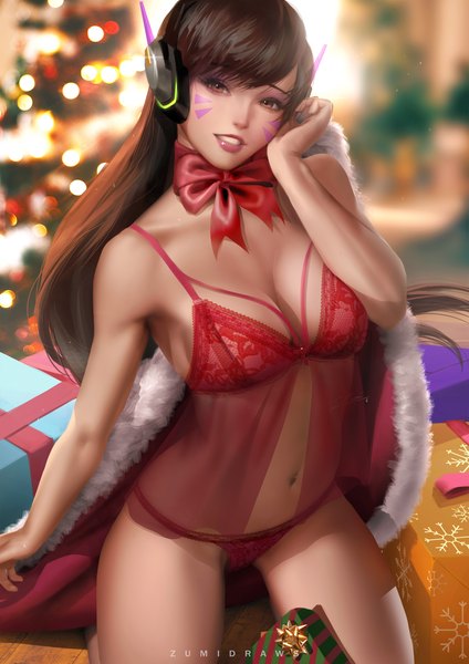 Anime-Bild 2481x3508 mit overwatch blizzard entertainment d.va (overwatch) zumi (zumidraws) single long hair tall image looking at viewer fringe highres breasts light erotic smile brown hair brown eyes signed cleavage blunt bangs head tilt blurry