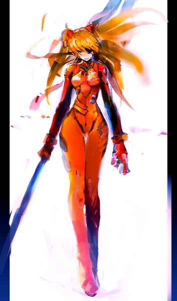 Anime picture 1100x1867 with neon genesis evangelion gainax soryu asuka langley tagme (artist) single long hair tall image fringe breasts blue eyes simple background white background holding orange hair walking pillarboxed girl gloves weapon bodysuit
