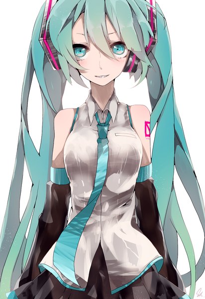 Anime picture 1032x1500 with vocaloid hatsune miku saihate (d3) single long hair tall image looking at viewer blush fringe breasts simple background smile standing white background twintails pleated skirt aqua eyes aqua hair tattoo girl