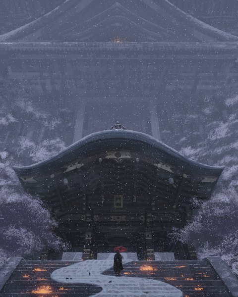 Аниме картинка 3201x4001 с оригинальное изображение guweiz один (одна) длинные волосы высокое изображение высокое разрешение чёрные волосы стоя держать absurdres всё тело на улице традиционная одежда японская одежда ветер сзади реалистичный вид снизу снегопад архитектура