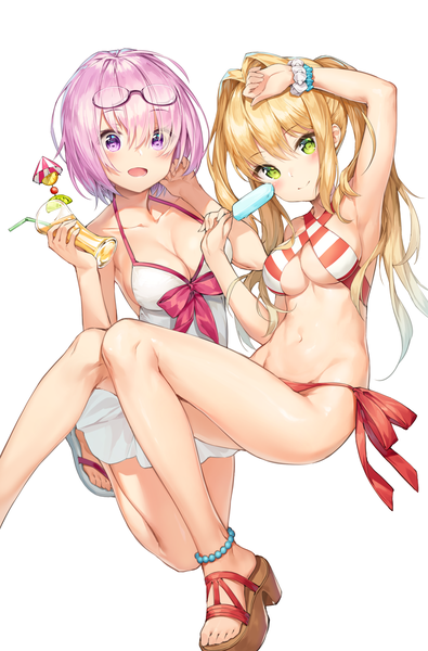 Anime picture 2000x3035 with fate (series) fate/grand order mash kyrielight nero claudius (fate) (all) nero claudius (swimsuit caster) (fate) mash kyrielight (swimsuit of perpetual summer) mokew long hair tall image looking at viewer blush fringe highres short hair breasts open mouth light erotic blonde hair simple background smile