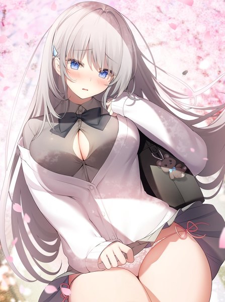 Anime picture 1099x1474 with original miko (royal milk) single long hair tall image looking at viewer blush fringe breasts open mouth blue eyes light erotic large breasts sitting payot silver hair outdoors long sleeves head tilt pleated skirt