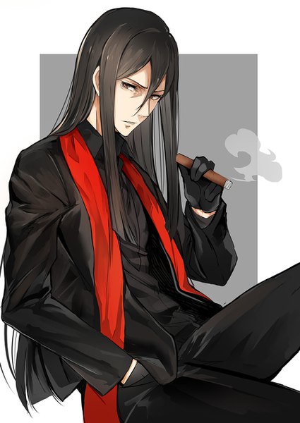Anime picture 900x1270 with fate (series) fate/grand order waver velvet lord el-melloi ii luse maonang single long hair tall image looking at viewer fringe open mouth black hair simple background hair between eyes holding brown eyes long sleeves smoke hand in pocket boy