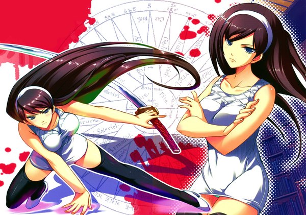 Anime picture 2275x1600 with seikimatsu occult gakuin kumashiro maya long hair highres blue eyes light erotic black hair bare shoulders scan crossed arms dual persona girl thighhighs dress underwear panties weapon black thighhighs sword hairband