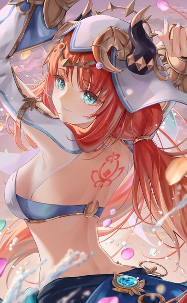 Anime picture 4000x6472 with genshin impact nilou (genshin impact) kns hanazuna single long hair tall image looking at viewer fringe highres breasts light erotic twintails absurdres sky upper body red hair blunt bangs long sleeves horn (horns) aqua eyes