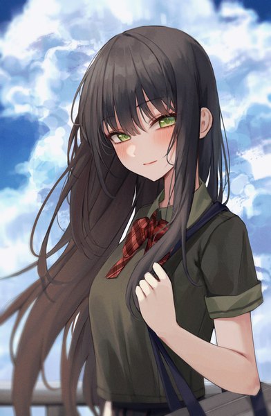 Anime picture 2512x3842 with original ame 816 single long hair tall image looking at viewer blush fringe highres black hair smile hair between eyes standing green eyes sky cloud (clouds) upper body outdoors wind short sleeves