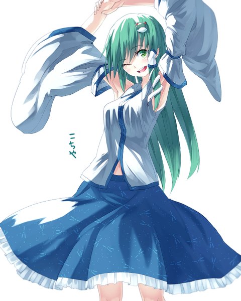 Anime picture 1200x1500 with touhou kochiya sanae ibuki notsu single long hair tall image looking at viewer blush open mouth simple background white background green eyes one eye closed green hair wink armpit (armpits) arms behind head girl hair ornament detached sleeves