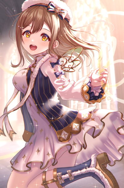 Anime picture 1349x2048 with love live! sunshine!! sunrise (studio) love live! kunikida hanamaru usamaru67pi single long hair tall image looking at viewer open mouth light erotic brown hair standing yellow eyes :d sparkle standing on one leg fake wings girl wings
