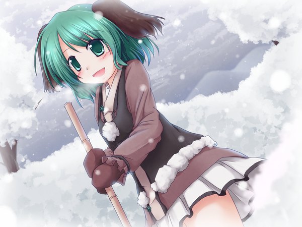 Anime-Bild 1600x1200 mit touhou wild and horned hermit kasodani kyouko lzh single looking at viewer short hair open mouth smile green eyes animal ears long sleeves green hair dutch angle snowing winter snow exhalation girl skirt