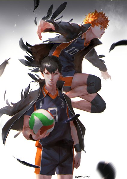 Anime picture 1240x1754 with haikyuu!! production i.g kageyama tobio hinata shouyou qmo (chalsoma) tall image looking at viewer fringe short hair black hair standing holding looking away parted lips profile lips orange hair open jacket multiple boys orange eyes