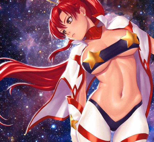 Anime picture 1414x1302 with tengen toppa gurren lagann gainax yoko littner seeker (shzyu) single long hair blush fringe breasts light erotic large breasts yellow eyes looking away ponytail red hair wind midriff space girl navel