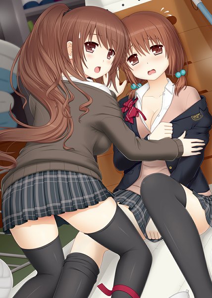 Anime picture 800x1122 with original cpu (hexivision) long hair tall image blush short hair open mouth light erotic brown hair multiple girls brown eyes ponytail shoujo ai partially open clothes girl thighhighs skirt black thighhighs 2 girls