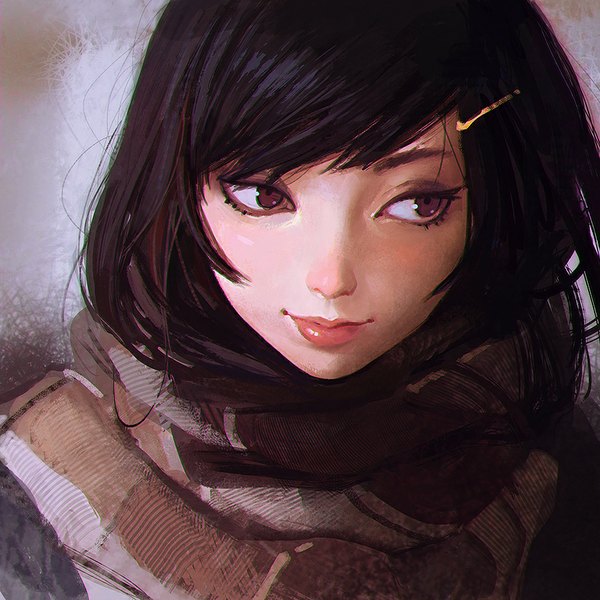 Anime picture 900x900 with original ilya kuvshinov single fringe short hair black hair brown eyes looking away from above lips realistic portrait girl hair ornament scarf bobby pin