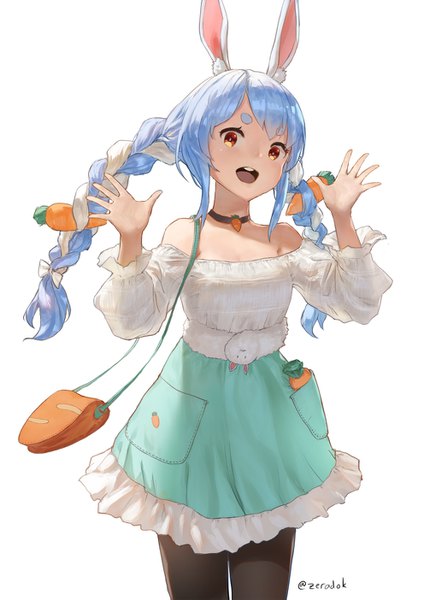 Anime picture 992x1403 with virtual youtuber hololive usada pekora zeradok single long hair tall image looking at viewer fringe open mouth simple background smile standing white background bare shoulders signed animal ears payot blue hair braid (braids)