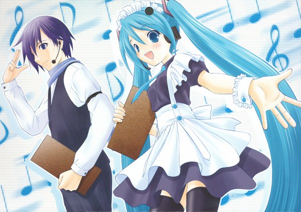 Anime picture 2462x1733 with vocaloid hatsune miku kaito (vocaloid) highres twintails maid girl