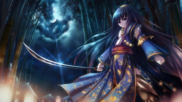 Anime picture 1920x1080 with original riburanomind single long hair highres black hair wide image purple eyes sky cloud (clouds) traditional clothes japanese clothes night girl weapon plant (plants) sword katana moon obi