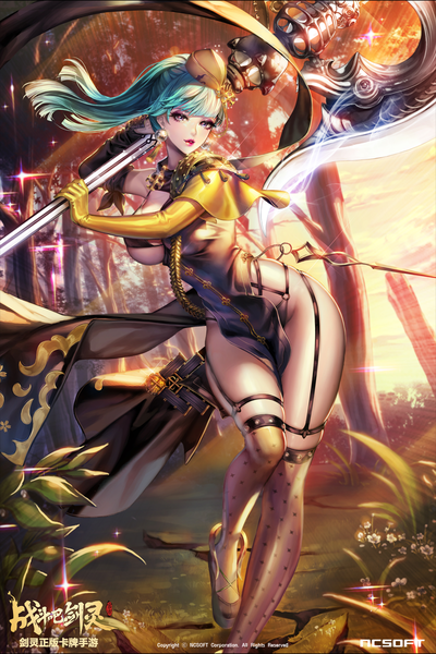 Anime picture 800x1200 with blade & soul 'o'ne (ekdlem1) single long hair tall image looking at viewer fringe breasts light erotic large breasts purple eyes sky bent knee (knees) blunt bangs lips sunlight aqua hair inscription official art sparkle