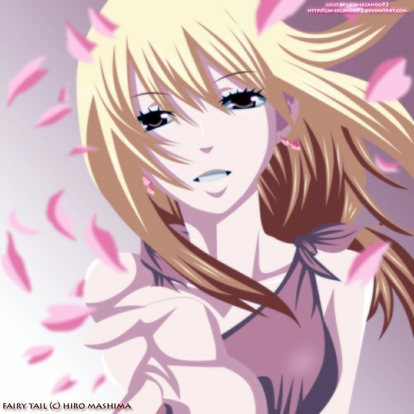 Anime picture 1000x1000 with fairy tail lucy heartfilia seireiart single long hair blonde hair simple background smile brown eyes coloring girl dress earrings petals