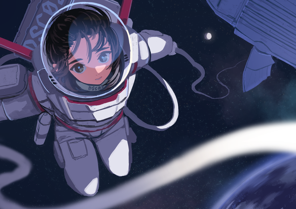 Anime picture 2046x1447 with original kaneni single looking at viewer highres short hair black hair black eyes space weightlessness astronaut girl